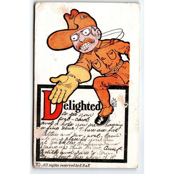 Theodore Roosevelt in his Rough Rider Uniform Delighted Caption Comical Postcard - Picture 1 of 2
